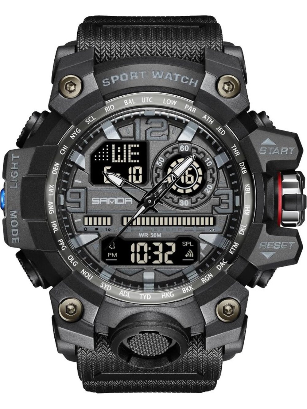 Men's Black Sports Outdoor Waterproof Military Multi Function Tactics LED Watch